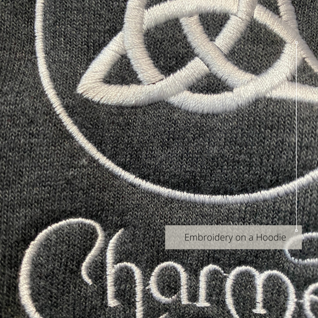 Embroidery sample on a hoodie. Embroidered hoodies in Vancouver.